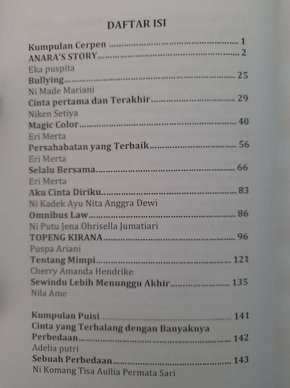 Buku Kumpulan Karya Sastra Remaja Yaguwipa Tahun 2020 daftar isi
